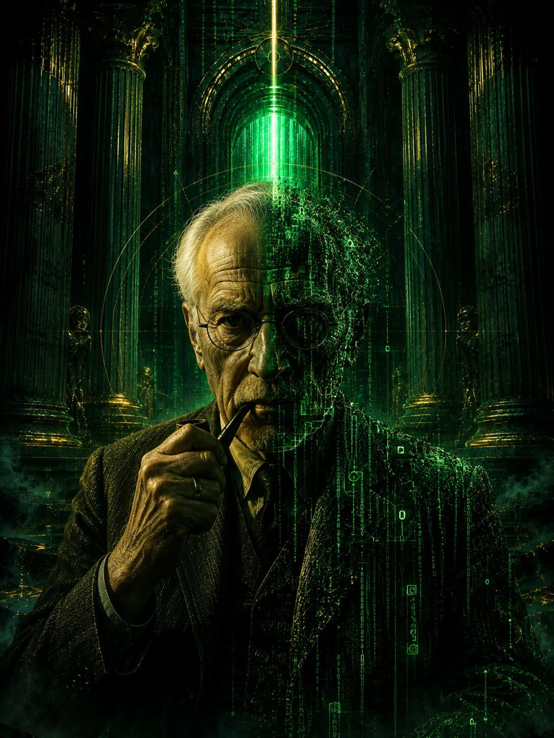 Viktor Frankl segurando luz de sentido em estilo Matrix