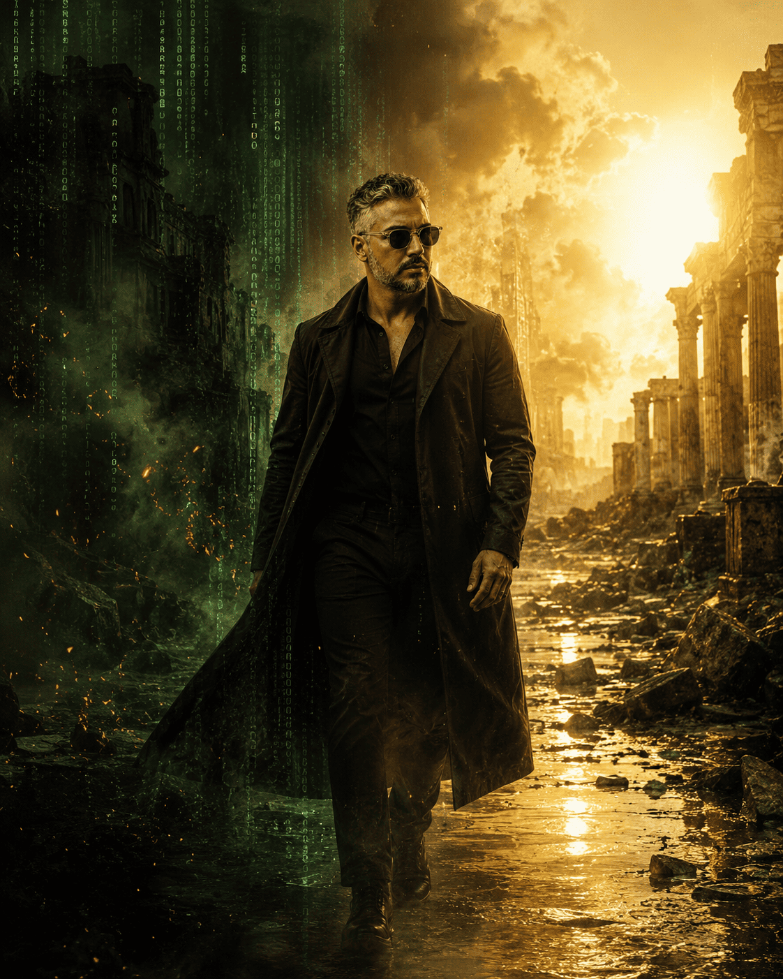 Homem atravessando ruínas digitais entre Matrix e redenção