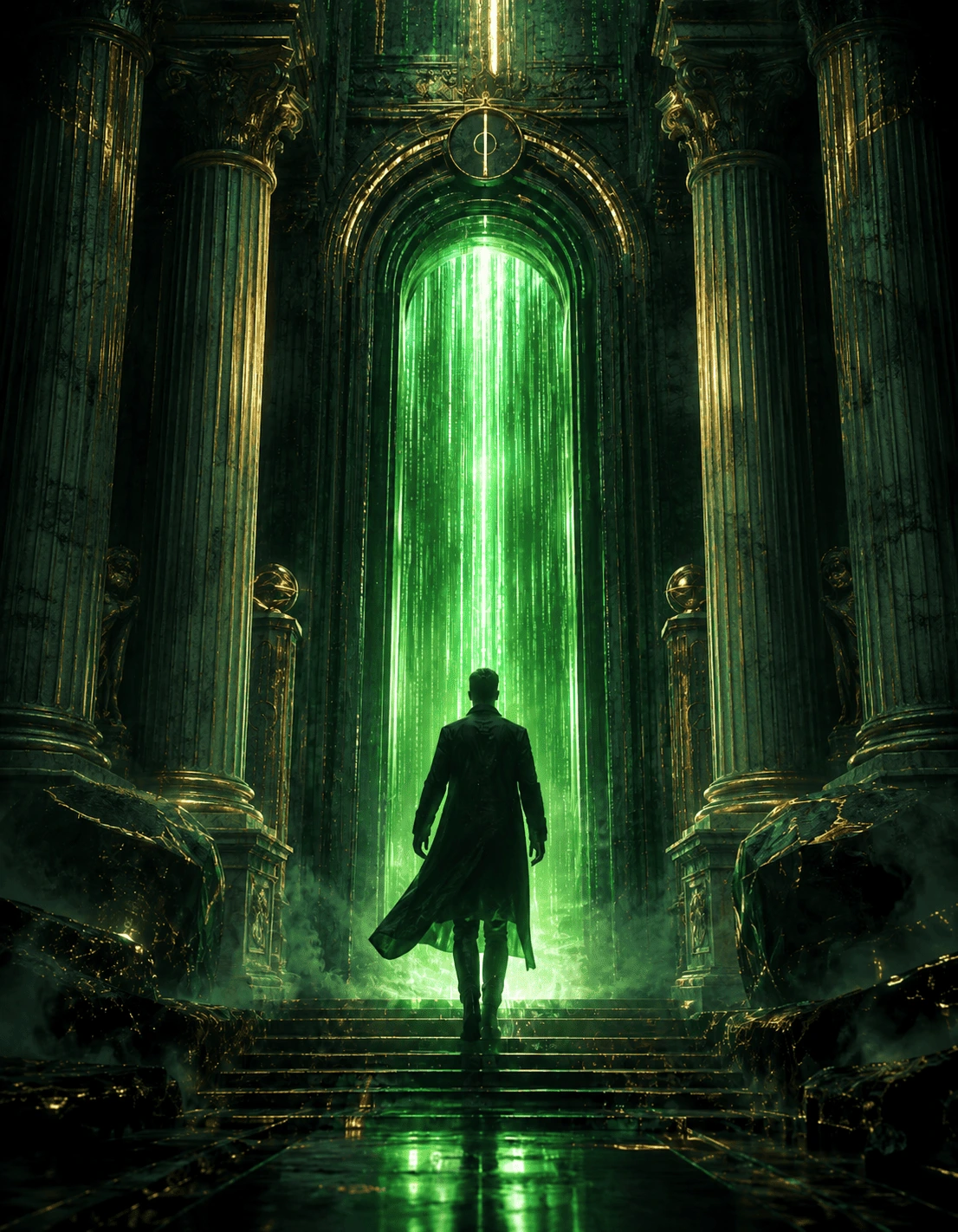 Portal de ascensão THUMOS com pilares gregos e luz Matrix